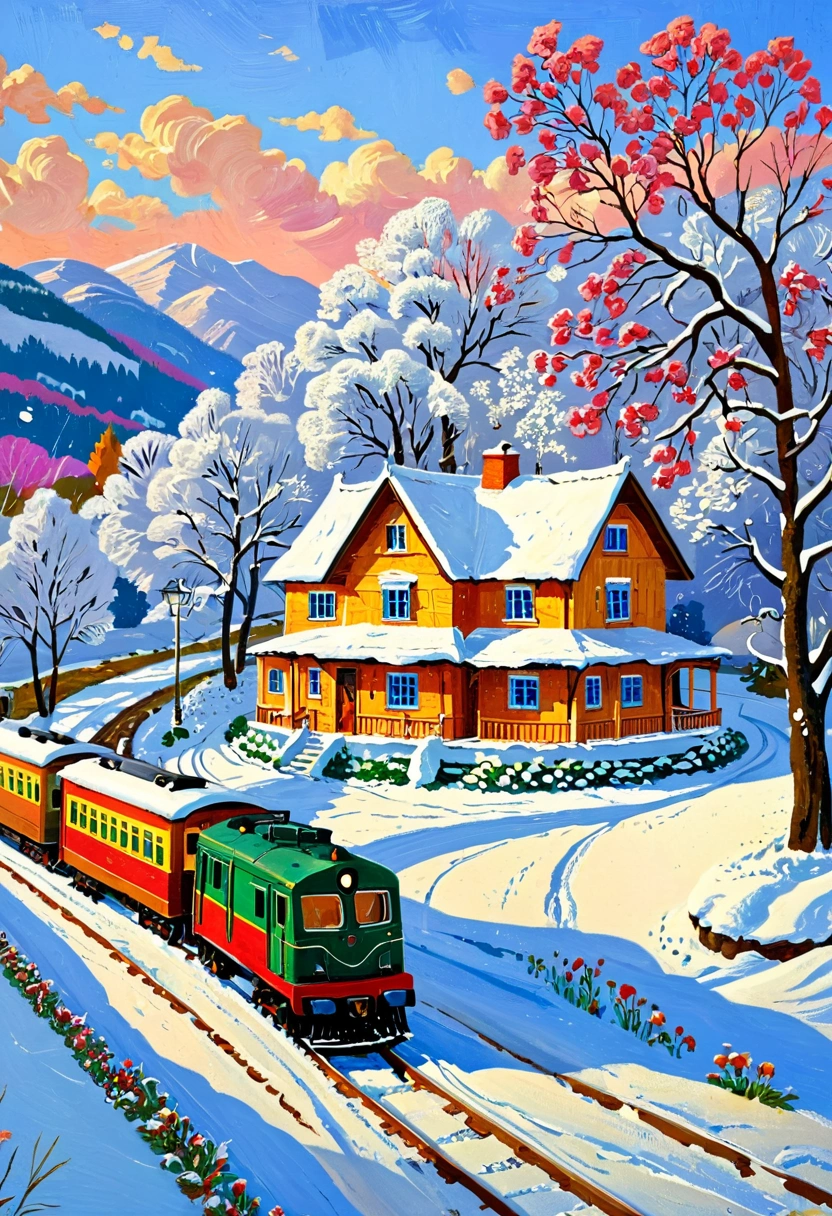 Paint a house in a snowy landscape, ,  Andrey Godiev , Cottage, little Cottage, inspired , Winter Painting, idyllic Cottage,  粉彩风格绘画 ,  detailed soft painting , Winter vitality ,  train driven by Alexander Deinieca , Maxim Sukarev,  by veteran artist , author：Konstantin Westchilov