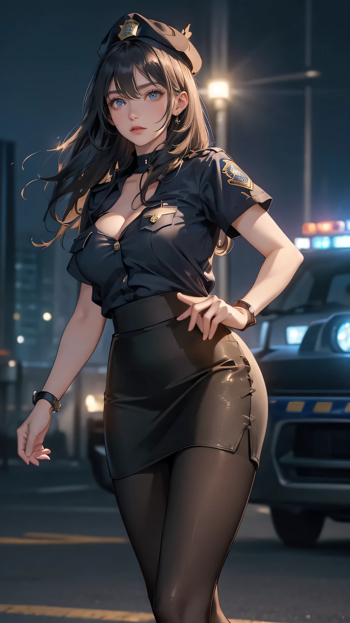 (masterpiece:1.2, highest quality, 8K, advanced details), (realistic, photorealistic:1.4), beautiful illustrations,
looking at the viewer, whole body, Front view:0.6,
1 female, 23 years old, Japanese, ((brown hair chignon:1.5)), blown hair, bangs, hair between eyes, ((height: 169 cm, C cup breasts:1.3,Moderate abs, big ass))
beautiful hair, beautiful face, beautiful and detailed eyes, (gray eyes:1.3), beautiful clavicle, beautiful body, beautiful breasts, beautiful thighs, beautiful feet, beautiful fingers, perfect anatomy:1.3, perfect anatomy
(downtown)
((policewoman costume:1.7, choker:1.6, police hat))
((Grasp the hem of the skirt with your right hand, Put your left hand on your chest, stand with legs apart:1.3)),
(Look at the viewer while blushing:1.3)