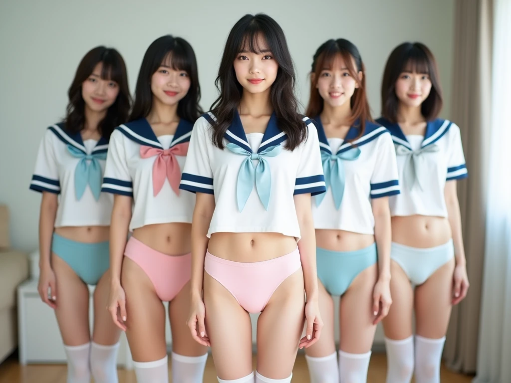 3 girls standing in school classroom,knitted white sailor bikini,red ribbon bow on hair,18-year-old,bangs,a little smiles,thighs,crotch,knees,low poneytail,from below