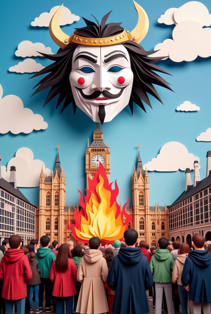 "Illustrate an origami-style mask of Guy Fawkes floating above a crowd. The people below appear divided – some cheering, others fearful – while an origami parliament building looms in the background."

