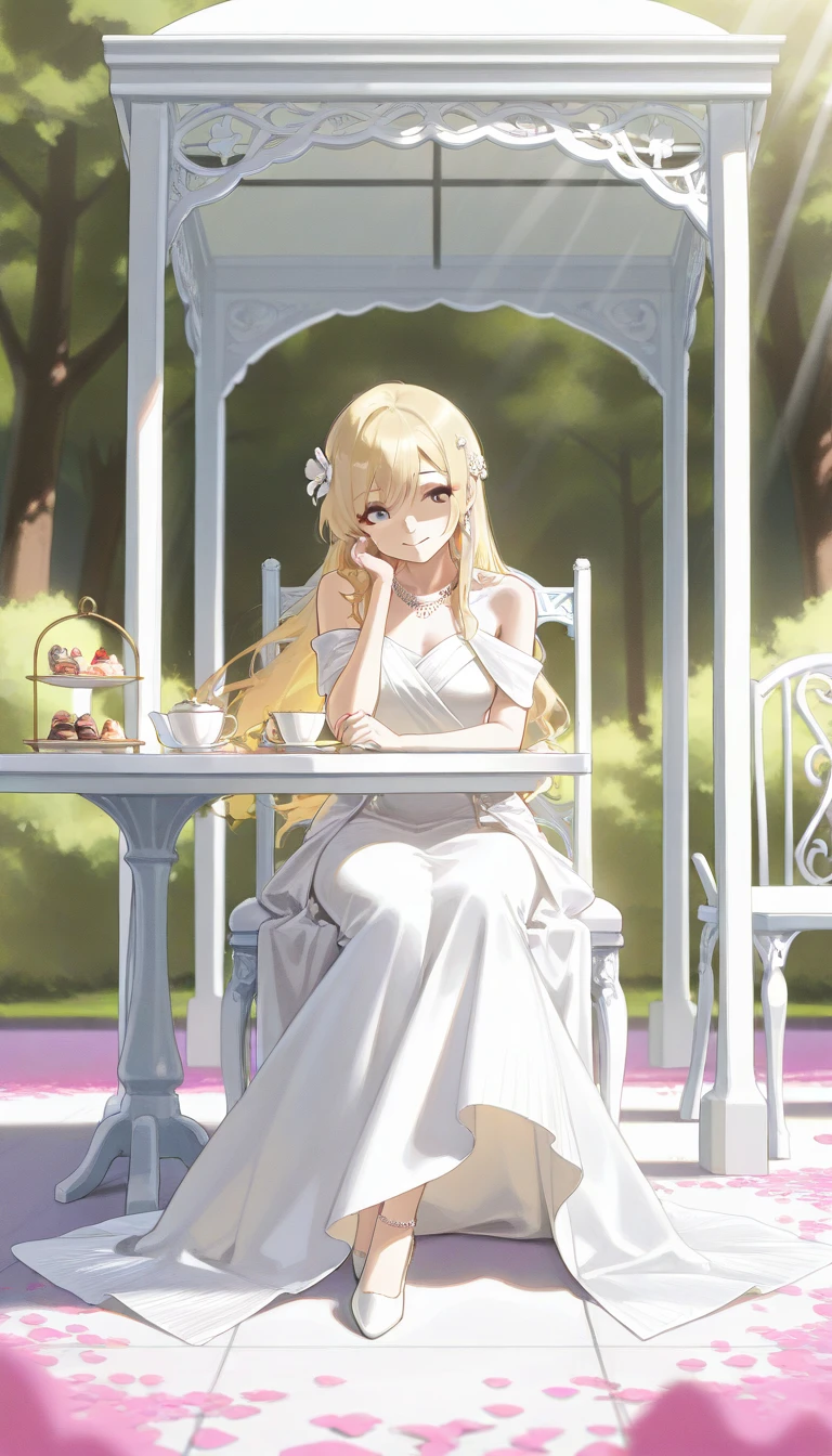 elegant style, soft realism, best quality, beautiful blonde-haired woman in intricate white goddess dress, sitting gracefully, elegant jewelry, hair ornament, hair flower, pearl necklace, peaceful and refined atmosphere, pink petals scattered on the ground, soft shadows, gentle and serene expression, intricate fabric details, ethereal and pure mood, warm smile, open eyes, she is sitting on a chair at a table in a gazebo and drinking tea against the backdrop of nature and trees, soft rays of sunshine between the trees, sweets and tea and a book on the table, a little wind plays with the dress, shoes