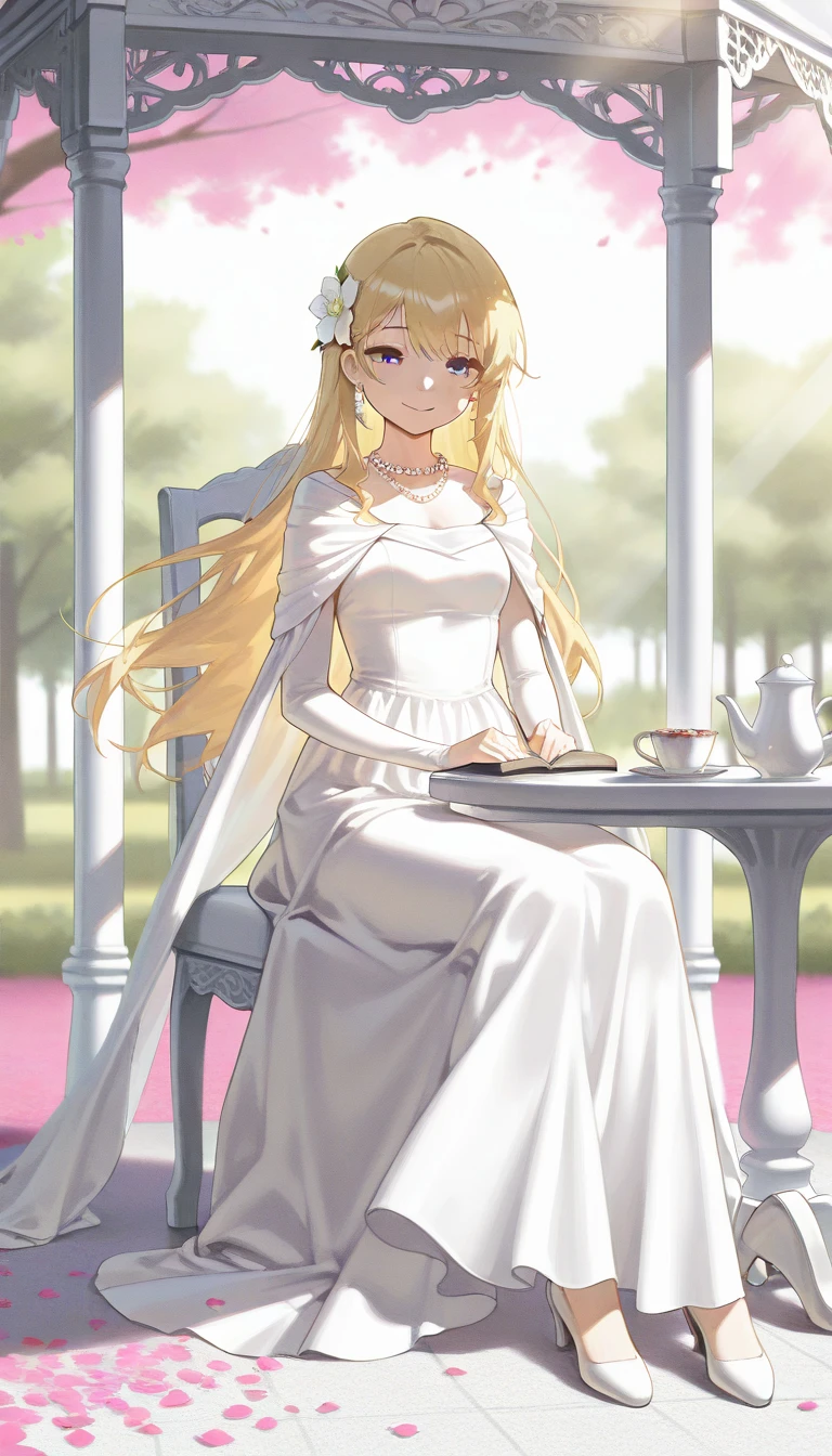 elegant style, soft realism, best quality, beautiful blonde-haired woman in intricate white goddess dress, sitting gracefully, elegant jewelry, hair ornament, hair flower, pearl necklace, peaceful and refined atmosphere, pink petals scattered on the ground, soft shadows, gentle and serene expression, intricate fabric details, ethereal and pure mood, warm smile, open eyes, she is sitting on a chair at a table in a gazebo and drinking tea against the backdrop of nature and trees, soft rays of sunshine between the trees, sweets and tea and a book on the table, a little wind plays with the dress, shoes