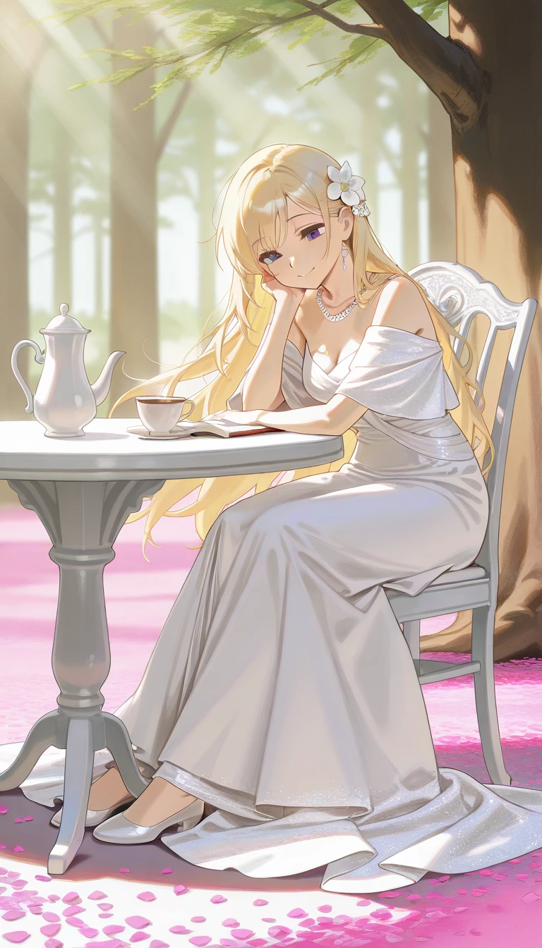 elegant style, soft realism, best quality, beautiful blonde-haired woman in intricate white goddess dress, sitting gracefully, elegant jewelry, hair ornament, hair flower, pearl necklace, peaceful and refined atmosphere, pink petals scattered on the ground, soft shadows, gentle and serene expression, intricate fabric details, ethereal and pure mood, warm smile, open eyes, she is sitting on a chair at a table and drinking tea against the backdrop of nature and trees, soft rays of sunshine between the trees, sweets and tea and a book on the table, a little wind plays with the dress, shoes