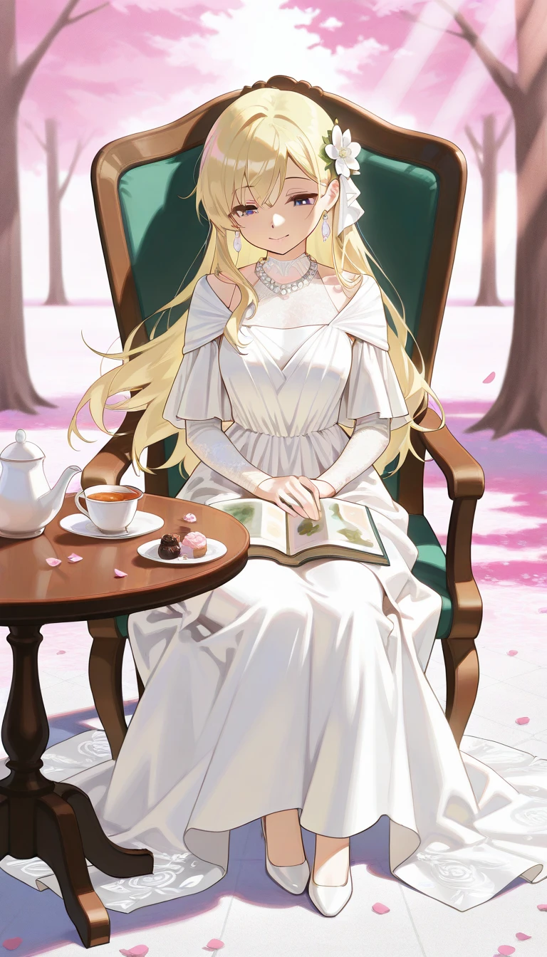 elegant style, soft realism, best quality, beautiful blonde-haired woman in intricate white goddess dress, sitting gracefully, elegant jewelry, hair ornament, hair flower, pearl necklace, peaceful and refined atmosphere, pink petals scattered on the ground, soft shadows, gentle and serene expression, intricate fabric details, ethereal and pure mood, warm smile, open eyes, she is sitting on a chair at a table and drinking tea against the backdrop of nature and trees, soft rays of sunshine between the trees, sweets and tea and a book on the table, a little wind plays with the dress, shoes