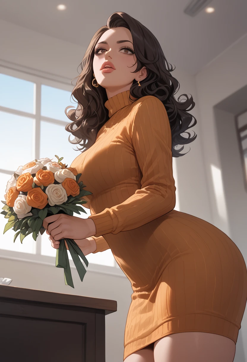 Almond-eyed Dark Mocha-skin tonned African-American woman with SHORT dark curly hair, juicy lips, and a large chest. She is bent over with her breast in the foreground, standing holding a bouquet. She is wearing burnt orange sweater dress. she looks very disappointed below view