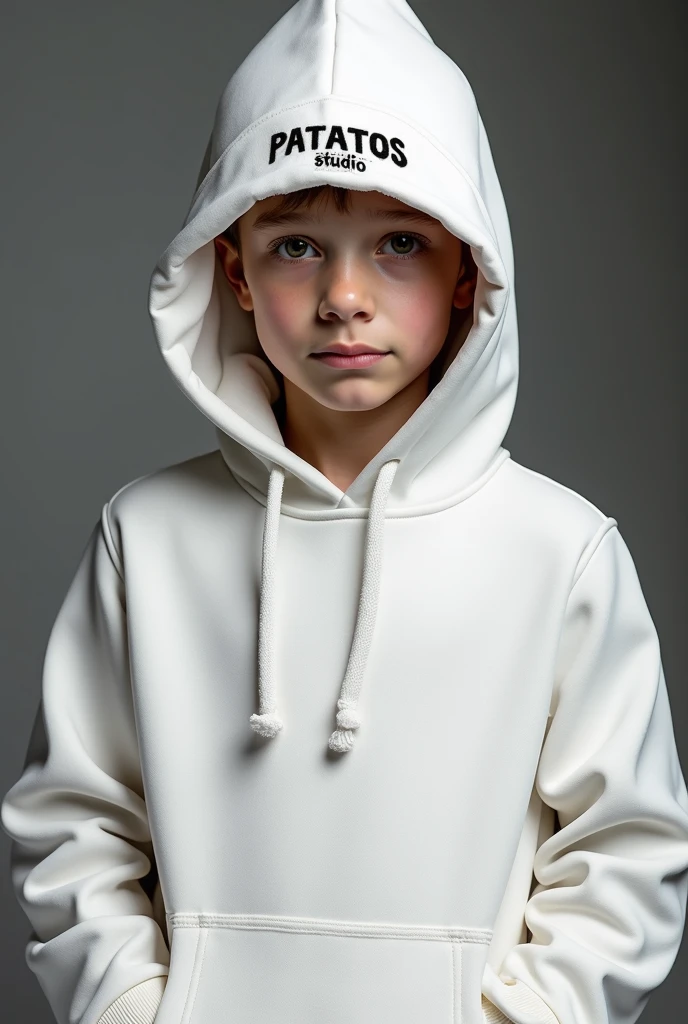 A boy in white hoodie with white pant