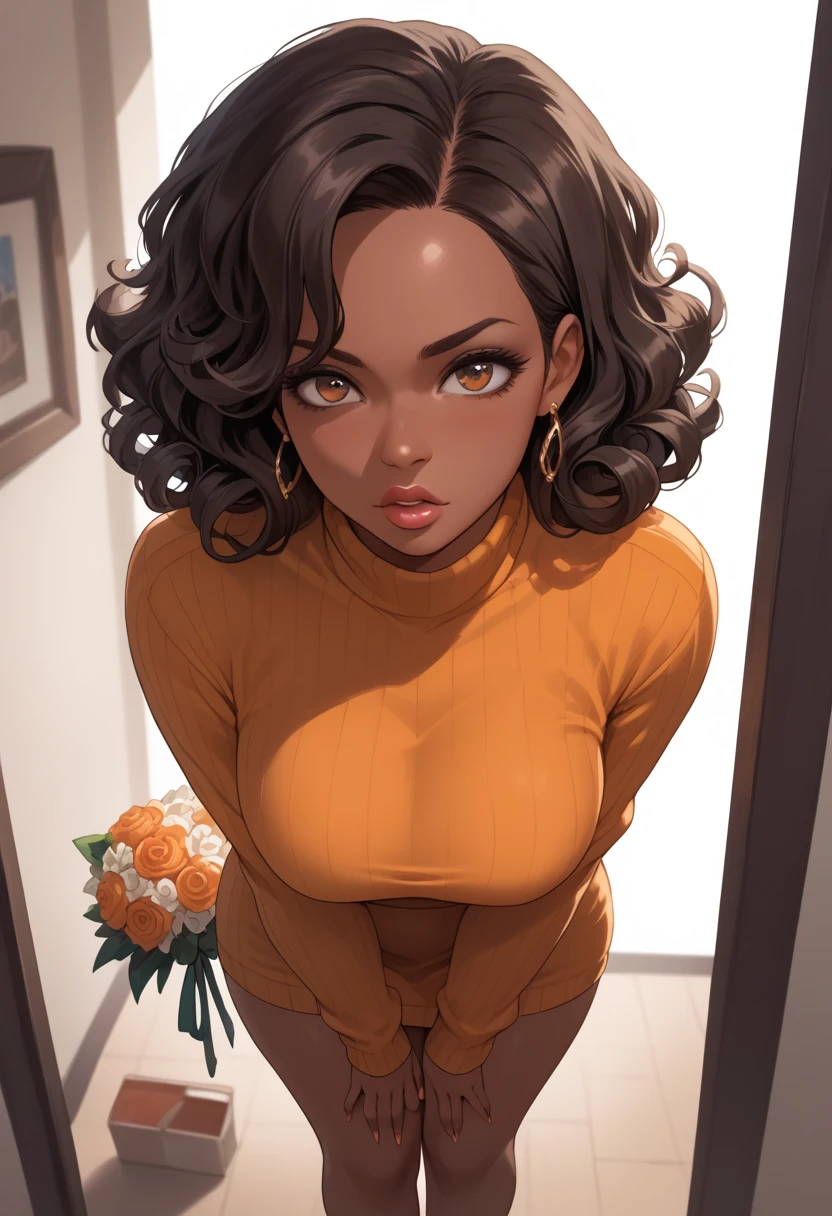 Almond-eyed Dark Mocha-skin tonned African-American woman with SHORT dark curly hair, juicy lips, and a large chest. She is bent over with her breast in the foreground, standing holding a bouquet. She is wearing burnt orange sweater dress. she looks very disappointed above view