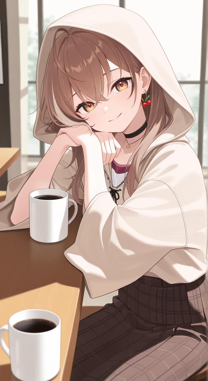 masterpiece, best quality, 1girl, solo, N4nashiCas, brown eyes, brown hair, long hair, streaked sidelocks, ahoge, cherry earrings, black choker, oversized hoodie, beige hoodie, animal hood, wide sleeves, long skirt, high-waist skirt, plaid skirt, brown skirt, indoors, cafe, sitting, table, cup, coffee mug, arm rest, smile, head tilt, 