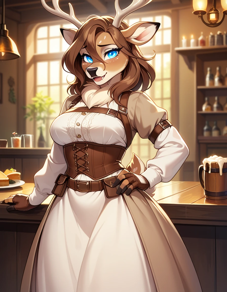 1girl, tail, furry, animal_ears,glowing blue_eyes, brown_hair, belt, looking_at_viewer, furry_female, gloves, deer_tail, sad smile, deer_ears, fingerless_gloves, hair_between_eyes,long skirt, hand_on_hip, snout, pouch, brown_gloves, cream white corset, deer_girl, fangs, medium_hair, long_sleeves, brown_belt, artist_name, tavern outfit