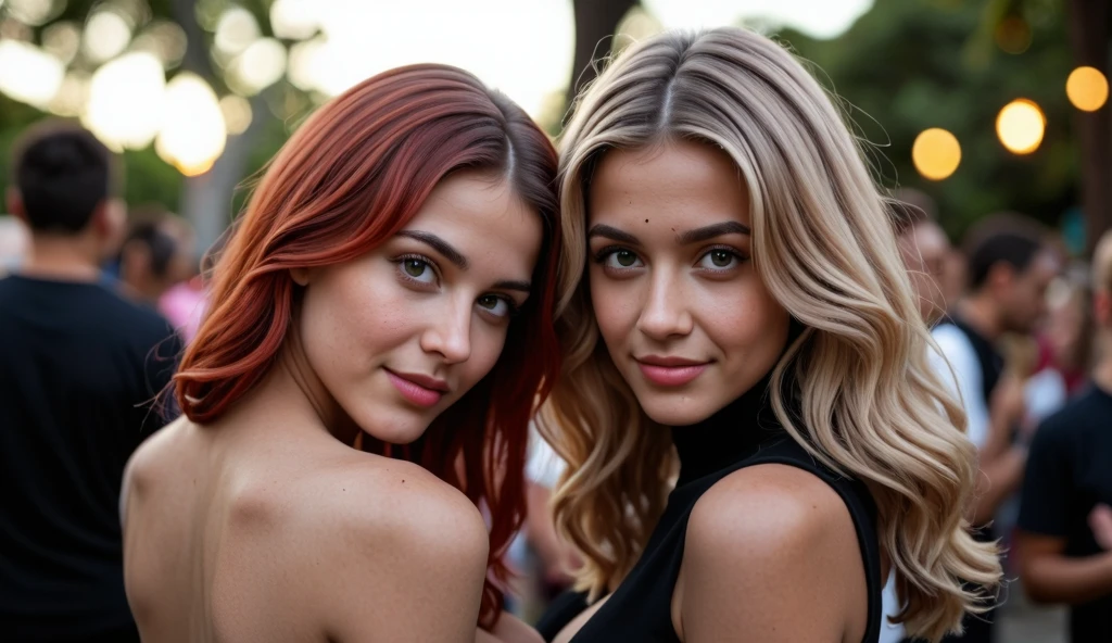 two beautiful women, one redhead, the other blonde, wearing mini dress, pose. The background is a festive urban Christmas party in a favela in Brazil, with a front camera angle. soft colors and an ethereal atmosphere, wide angle