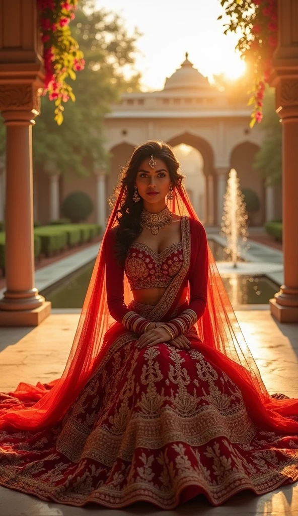 8K ultra hd, masterpiece, best quality, a beautiful Bangladeshi girl, long hair, impressive hairstyle, royal hair jewelry, pretty cute face, flawless face, jewellery earrings, antique jewellery, details eyes, beautiful eyes, meticulous makeup, thin eyebrows, beautiful red lips, big breasts, royal dress, red dress, light white laces, ralistic colors, magic effect, night background, look directly at the audience, sitting poses,