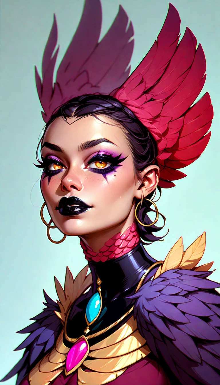  Hummingbird female demon, humanoid, aqua blue skin, feathered face and hair, feather dress, dental scrubs, ample chest, red feather patch over breasts. cartoon art style. In the style of Hazbin Hotel, (best quality)), ((masterpiece)), (detailed)
