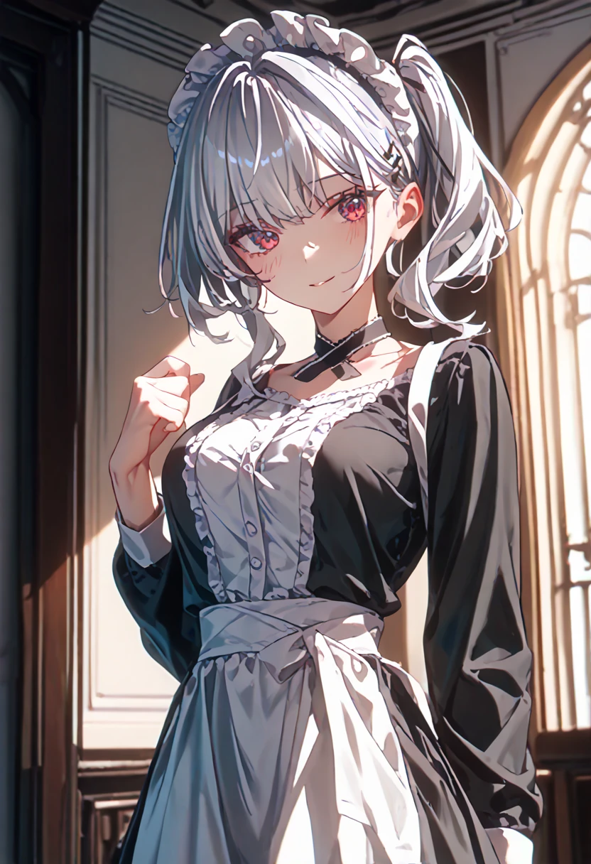 (8 thousand.、  Highest image quality、  highest quality  、  failed )、  detailed face、 1 girl fights、 (( Black lace headband)、 smile、 style to blush、moderate chest、((maid))、long sleeve、  cowboy shot、 Luxury interior background  ,   