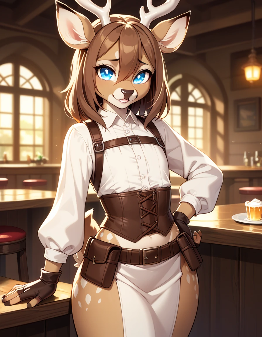 1girl, tail, furry, animal_ears,glowing blue_eyes, brown_hair, belt, looking_at_viewer, furry_female, gloves, deer_tail, sad smile, deer_ears, fingerless_gloves, hair_between_eyes,long skirt, hand_on_hip, snout, pouch, brown_gloves, cream white corset, deer_girl, fangs, medium_hair, long_sleeves, brown_belt, artist_name, tavern outfit, flat chested