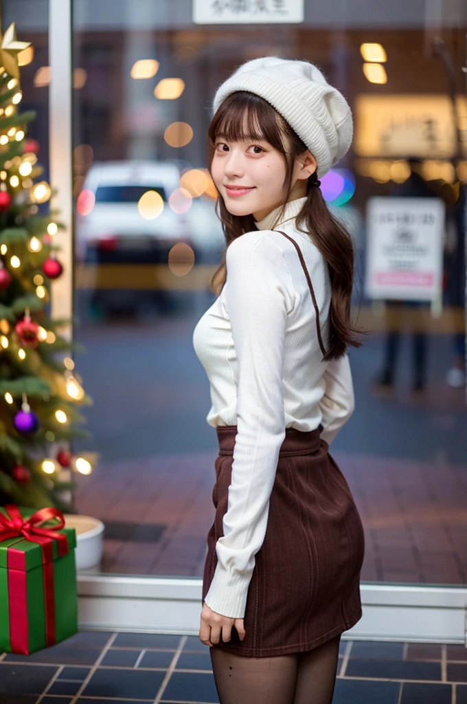 (masterpiece, best quality, perfect anatomy, highres, 8k, realistic, photorealistic, natural skin texture, no makeup:1.2),
a 20-year-old Japanese college student, very cute, jp idol, black medium hair, very large breasts, standing alone in a bustling urban area of Tokyo during the Christmas season,
the time is 3 PM, the city is slightly darkening, the air is cold, the streets are filled with glowing Christmas lights, a large Christmas tree, and many people,
shop windows are decorated for Christmas, featuring a cute snow globe, she is captivated by the snow globe, standing still, leaning forward slightly while pointing at the snow globe,
looking at viewer, shy smile, she is wearing a tight white turtleneck knit  on her upper body, a brown corduroy mini skirt on her lower body, black pantyhose, brown long boots, brown beret, 
the scene is captured from a side view, a fullbody portrait