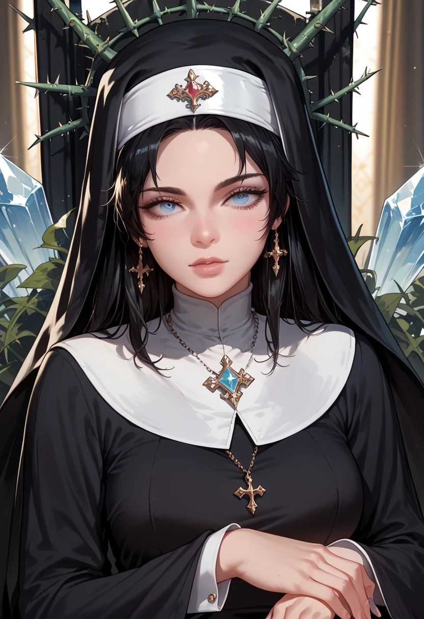  A woman is seated on a throne ,  she is wearing a crown of thorns with crystals, nun's clothing white and black ,  Blue Eyes, boca,  long black hair ,  high quality,  high definition  ,  manga art style  