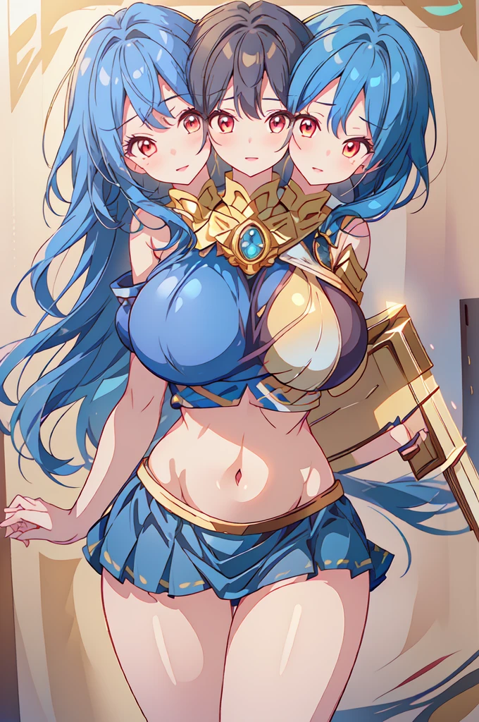 (masterpiece, best quality), best quality, (ultra-detailed), (3heads:2.0), 1girl, (Megumu Iizunamaru:1.3), masterpiece, best quality, ultra quality, ultra resolution, ultra detail, dark blue top, crop top, ((stomach)), midriff, ((groin)), dark blue skirt, normal ears, sweet smile, blue hair, very long hair, wavy hair, (blunette:1.5), red eyes, detailed eyes, parted lips, open belly, smiling, cute, toned belly, hand on own chest, eyelashes, (2 woman:1.3), (masterpiece:1.5), (best quality:1.5), (beautiful detailed), extremely detailed CG, extremely delicate and beautiful, depth of field, (finely detailed face), (perfect details:1.2), (mature female:1.3), sexy body, slender, large veiny breast, 16k resolution, highres, high quality, high definition, extremely detailed, masterpiece, blue hair, long hair, alluring presence, three heads, short skirt, close up, very big breasts, huge breasts, young, (wearing a blue tokin:1.5), (golden pauldron on the left shoulder:1.5), large blue inset gemstone, 
