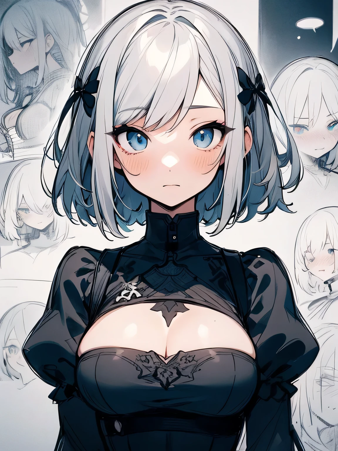 Yoha No. 2 Type B,1girl,wlop,(Blindfolded),nedium breasts,cleavage,cleavage cutout,clothing cutout,Green background,Hair between both eyes,shairband,A high resolution,Juliet sleeves,longer sleeves,nier(series),nier automata,Fluffy sleeves,Redlip,shaded face,short detailed hair,独奏,high-necksweater,full bodyesbian,whaite hair,Skysky