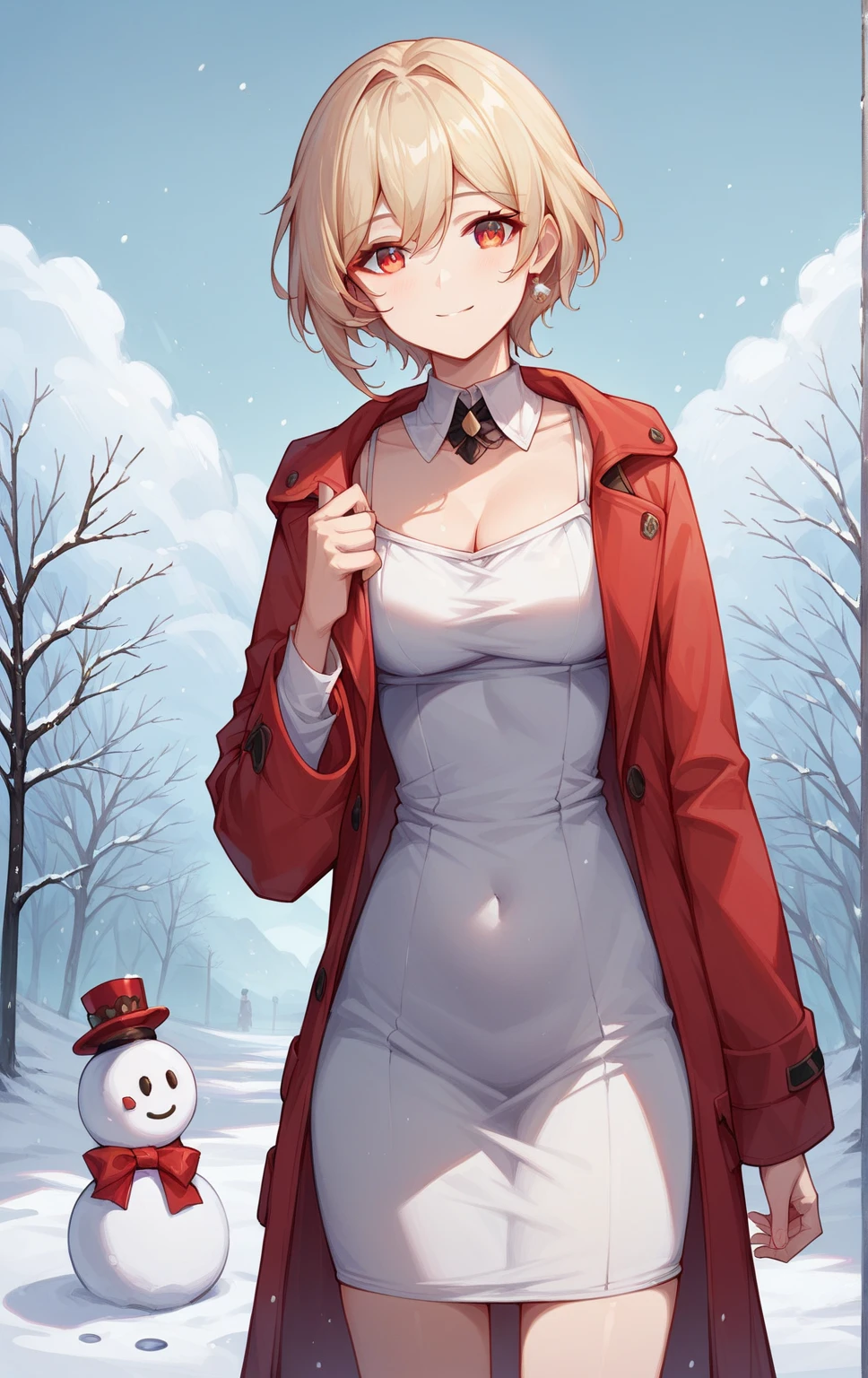 1girl, clara \(honkai: star rail\), solo, cowboy shot, looking at viewer, red coat, white dress, detached collar, sweater, snow, outdoors, snowman, light smile score_9, score_8_up, score_7_up  