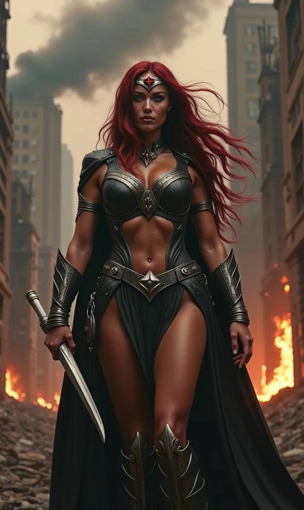 (((Black suit))),A beautiful gigantic woman with long red and black hair with a cape or bangs in her hair(((Long braid over her )))Blue eyes wearing the costume of the Amazon warrior (((Wonder Woman evil ))).(((Black leather corset ))),(((Long black boots up to her knees))),(((Long silver-colored bracelets))),((( Silver-colored metal headband with a red star on her forehead ))) Frontal images in high resolution 4K in an apocalyptic and totally destroyed city ((( This beautiful woman is levitating static hair in the air ))),(((She wears a boomerang or Cantilever Chakram in her hands ))),((( she is in an apocalyptic city skyscraper on fire ))),(((a beautiful gigantic woman Land of Giants )))This beautiful woman is levitating in the air watching the destroyed city)))