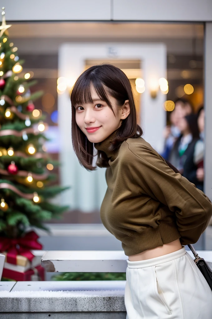 (masterpiece, best quality, perfect anatomy, highres, 8k, realistic, photorealistic, natural skin texture, no makeup:1.2),
a 20-year-old Japanese college student, very cute, jp idol, black medium hair, very large breasts, standing alone in a bustling urban area of Tokyo during the Christmas season,
the time is 3 PM, the city is slightly darkening, the air is cold, the streets are filled with glowing Christmas lights, a large Christmas tree, and many people,
shop windows are decorated for Christmas, featuring a cute snow globe, she is captivated by the snow globe, standing still, leaning forward slightly while pointing at the snow globe,
looking at viewer, shy smile, she is wearing a tight white turtleneck knit  on her upper body, a brown corduroy mini skirt on her lower body, black pantyhose, brown long boots, brown beret, 
the scene is captured from a side view, a fullbody portrait