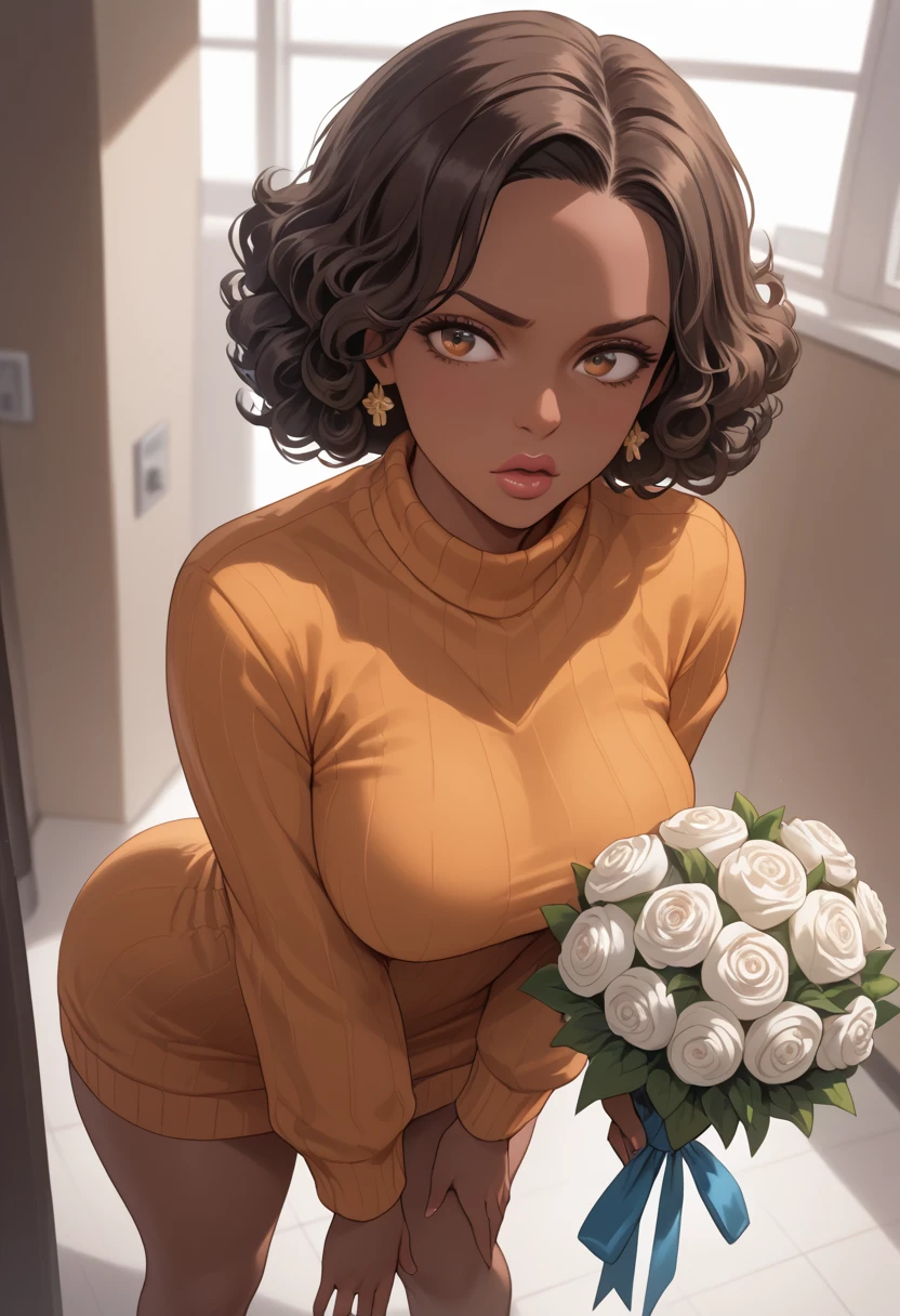 Almond-eyed Dark Mocha-skin tonned African-American woman with SHORT dark curly hair, juicy lips, and a large chest. She is bent over with her breast in the foreground, standing holding a Huge bouquet. She is wearing burnt orange sweater dress. she looks very disappointed above view