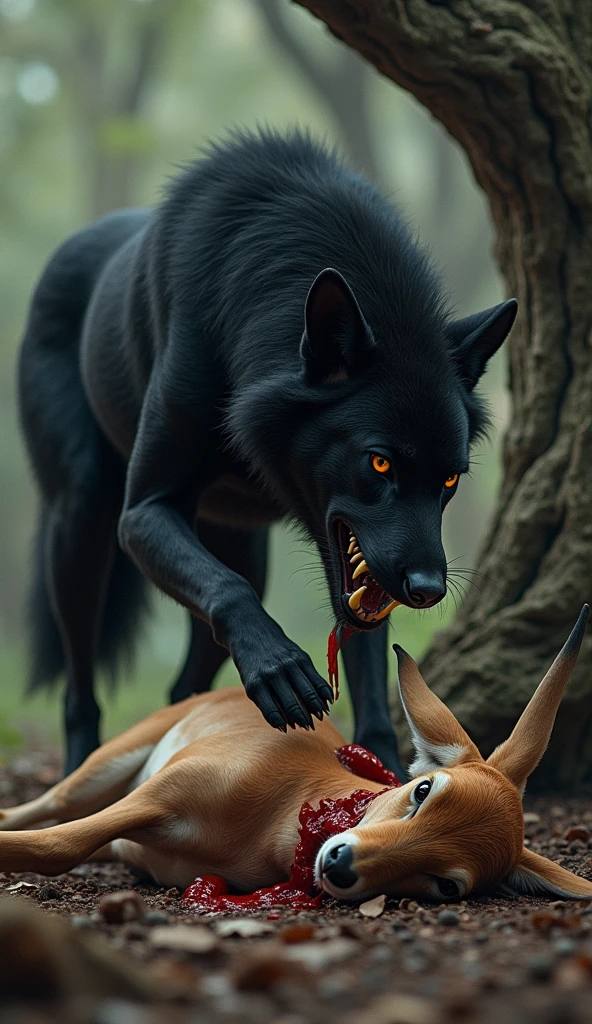 A dead black horse killed by white dog