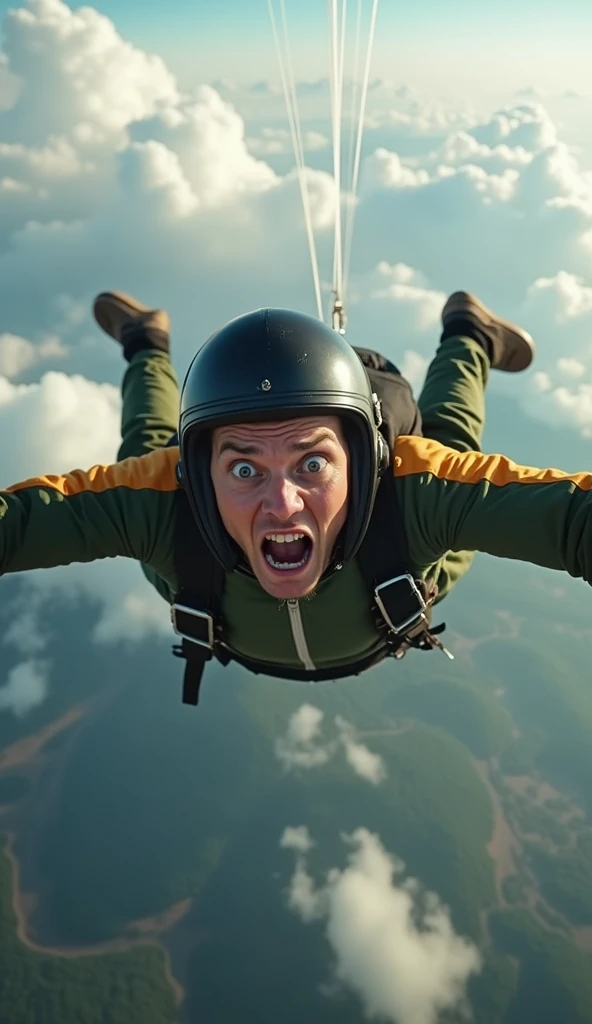 A skydiver plummets through the sky at breakneck speed, eyes wide with panic as his parachutes refuse to open. The wind roars deafeningly around him, tearing at his jumpsuit. Below, the earth rushes closer, a terrifying blur of green and brown. His hands frantically clutch and tug at the cords, sweat mixing with tears as desperation takes hold. Clouds streak by in a flash, and his scream is lost to the howling wind.