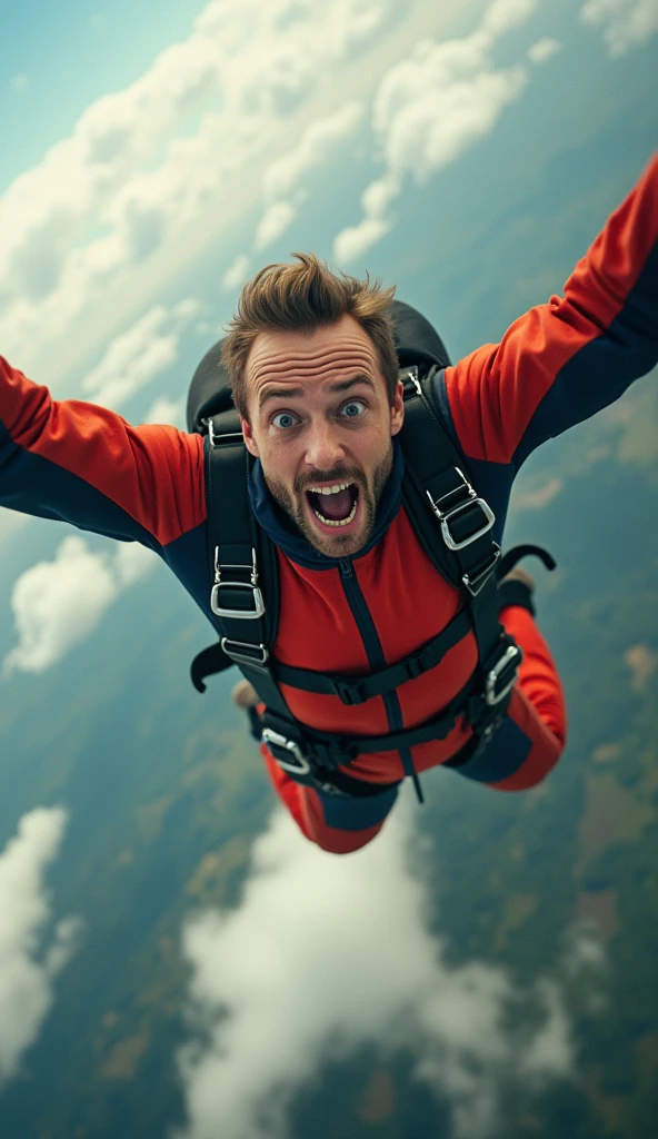 A skydiver plummets through the sky at breakneck speed, eyes wide with panic as his parachutes refuse to open. The wind roars deafeningly around him, tearing at his jumpsuit. Below, the earth rushes closer, a terrifying blur of green and brown. His hands frantically clutch and tug at the cords, sweat mixing with tears as desperation takes hold. Clouds streak by in a flash, and his scream is lost to the howling wind.