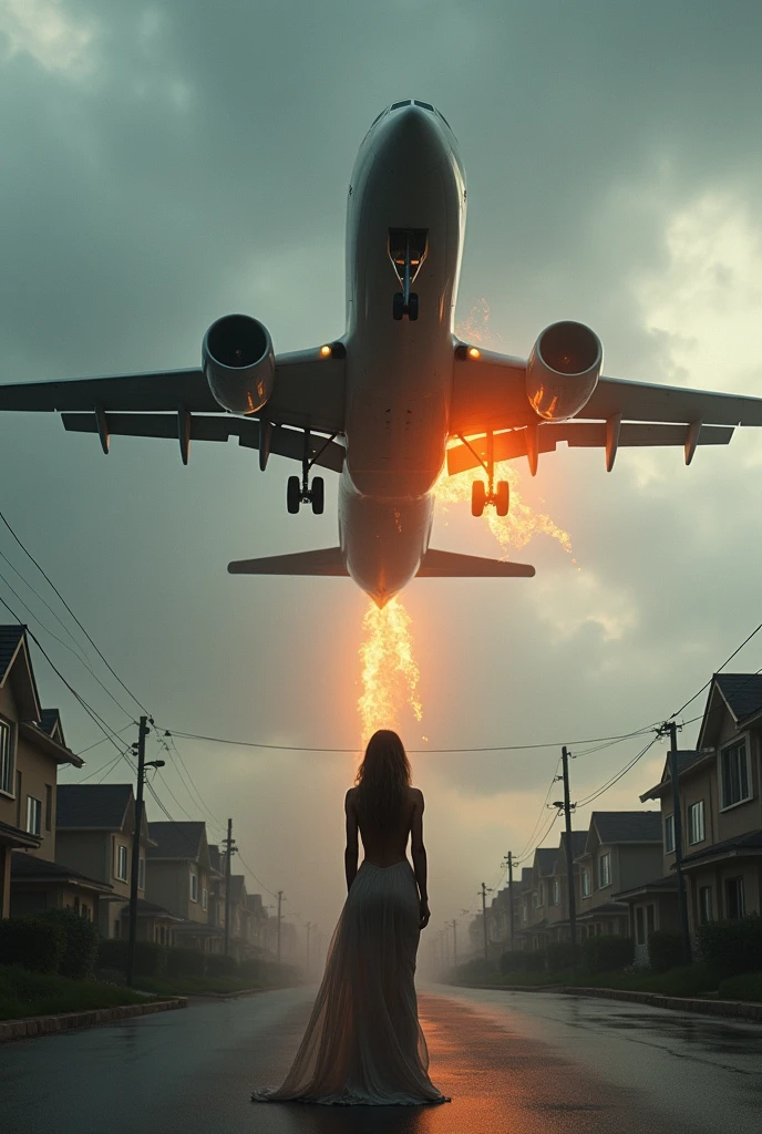 ((Masterpiece, top quality, high resolution, highly detailed CG unified 8K wallpaper)), (huge stunning goddess shot, very hot and sexy, jaw-dropping beauty, perfect proportions, beautiful body, slim body beauty:1.3), (Rapid Descent, dynamic composition), A large passenger plane falls towards the viewer, flames coming out of one of the engines, against a residential area on the outskirts of a city and a cloudy sky. view from below, 