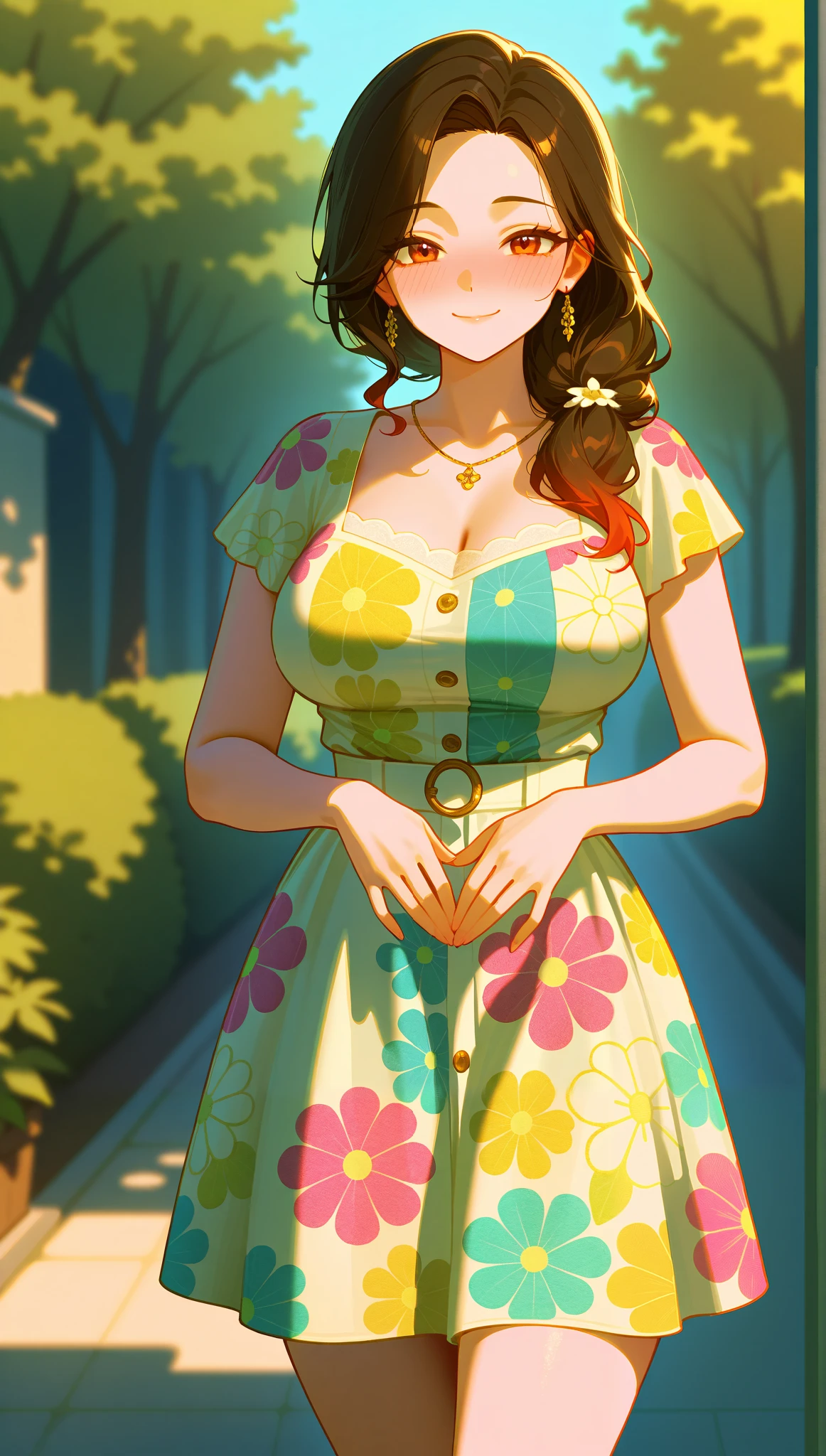 beautiful and breathtaking mature woman, medium breasts, blonder hair, (((plaid&patchwork dress with floral print) ((masterpiece, best quality; 1.3) ), ultra detailed, 8k, colorful, cinematic shadow, extremely detailed and beautiful background, smile mischievous, (average saggy breasts), flirting with the viewer, facing the viewer, facial blush, standing in front, sexy pose, cowboy shot, japan street