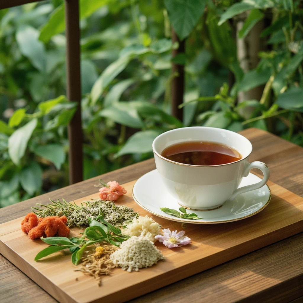 Herbal medicine, black tea, table, garden, masterpiece, best quality, detailed, high resolution, photorealistic