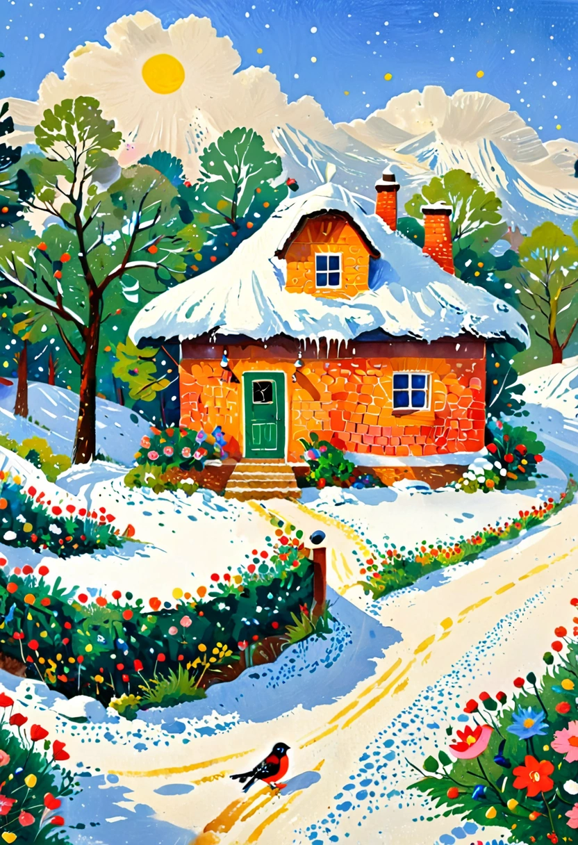   A dot painting ， depicts a bird in a house in a snowy landscape, Igor Grabar ,  Recommended on Behance , Simple Art,  Andrey Godiev , Cottage, little Cottage, Winter Painting, idyllic Cottage,  粉彩风格绘画 ,  detailed soft painting , Winter vitality , Maxim Sukarev, Watercolor detail , denis sarazin