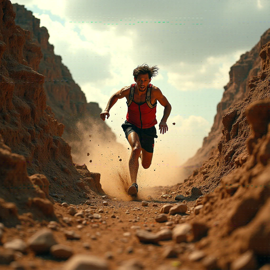 
A lone runner falling uncontrollably down a steep, rugged hill, their legs unable to stop the momentum of the rapid descent. Dust and debris explode around their feet with every pounding step. Their face is twisted in panic, arms flailing for balance as rocks and dirt spray up into the air. The slope is endless, the terrain jagged and unrelenting, with each attempt to slow down only sending them skidding and stumbling further into chaos.