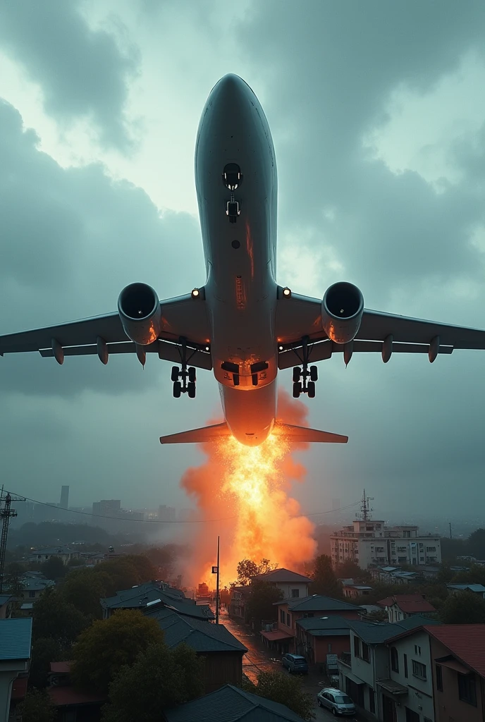 ((Masterpiece, top quality, high resolution, highly detailed CG unified 8K wallpaper)), (Rapid Descent, dynamic composition), A large passenger plane falls towards the viewer, flames coming out of one of the engines, against a residential area on the outskirts of a city and a cloudy sky. front view, 