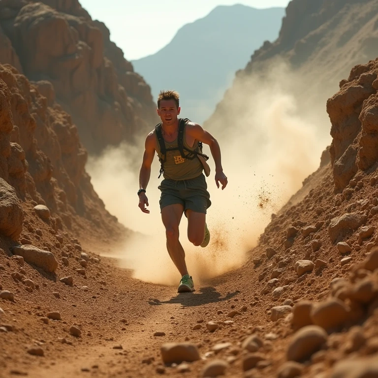 
A lone runner falling uncontrollably down a steep, rugged hill, their legs unable to stop the momentum of the rapid descent. Dust and debris explode around their feet with every pounding step. Their face is twisted in panic, arms flailing for balance as rocks and dirt spray up into the air. The slope is endless, the terrain jagged and unrelenting, with each attempt to slow down only sending them skidding and stumbling further into chaos.