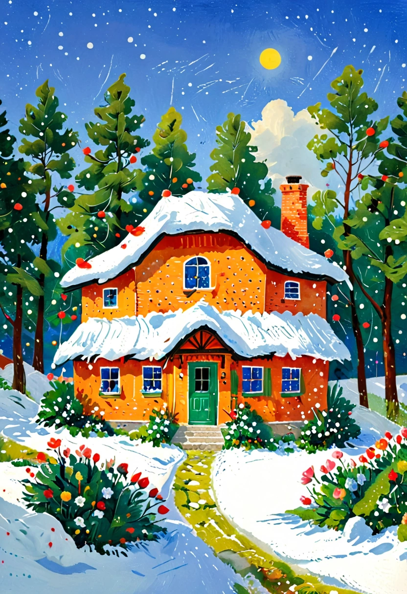   A dot painting ， depicts a bird in a house in a snowy landscape, Igor Grabar ,  Recommended on Behance , Simple Art,  Andrey Godiev , Cottage, little Cottage, Winter Painting, idyllic Cottage,  粉彩风格绘画 ,  detailed soft painting , Winter vitality , Maxim Sukarev, Watercolor detail , denis sarazin