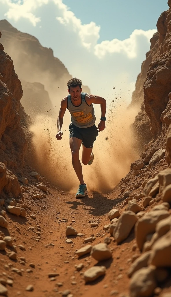 
A lone runner falling uncontrollably down a steep, rugged hill, their legs unable to stop the momentum of the rapid descent. Dust and debris explode around their feet with every pounding step. Their face is twisted in panic, arms flailing for balance as rocks and dirt spray up into the air. The slope is endless, the terrain jagged and unrelenting, with each attempt to slow down only sending them skidding and stumbling further into chaos.