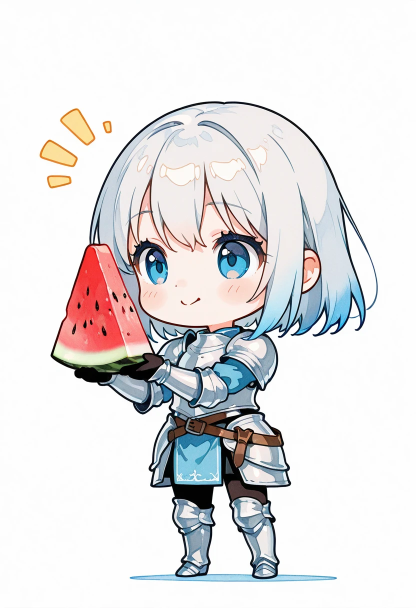 Medieval fantasy, watercolor painting style, chibi character, cute expression, silver hair, futuristic armor, blue highlights, holding watermelon slices, small hands, soft pastel colors, simple and charming design, white background, faint texture, relaxed atmosphere, delicate line art, soft shading, fantasy-meets-futuristic theme, minimalistic backdrop, vibrant accents, adorable proportions, high quality illustration, playful mood, stylized fairytale appearance
