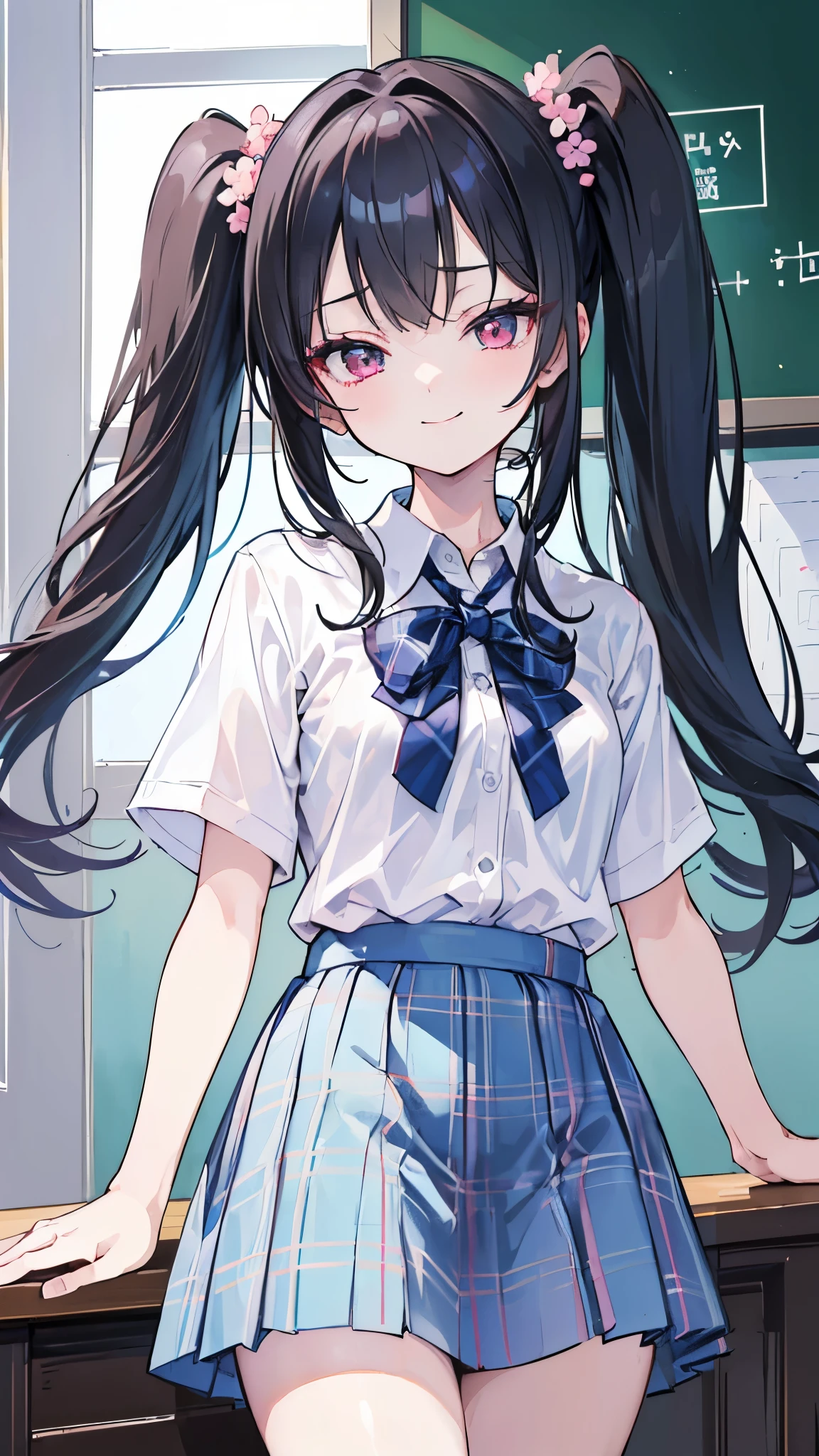 Anime girl with long black hair in school uniform standing in front of ...