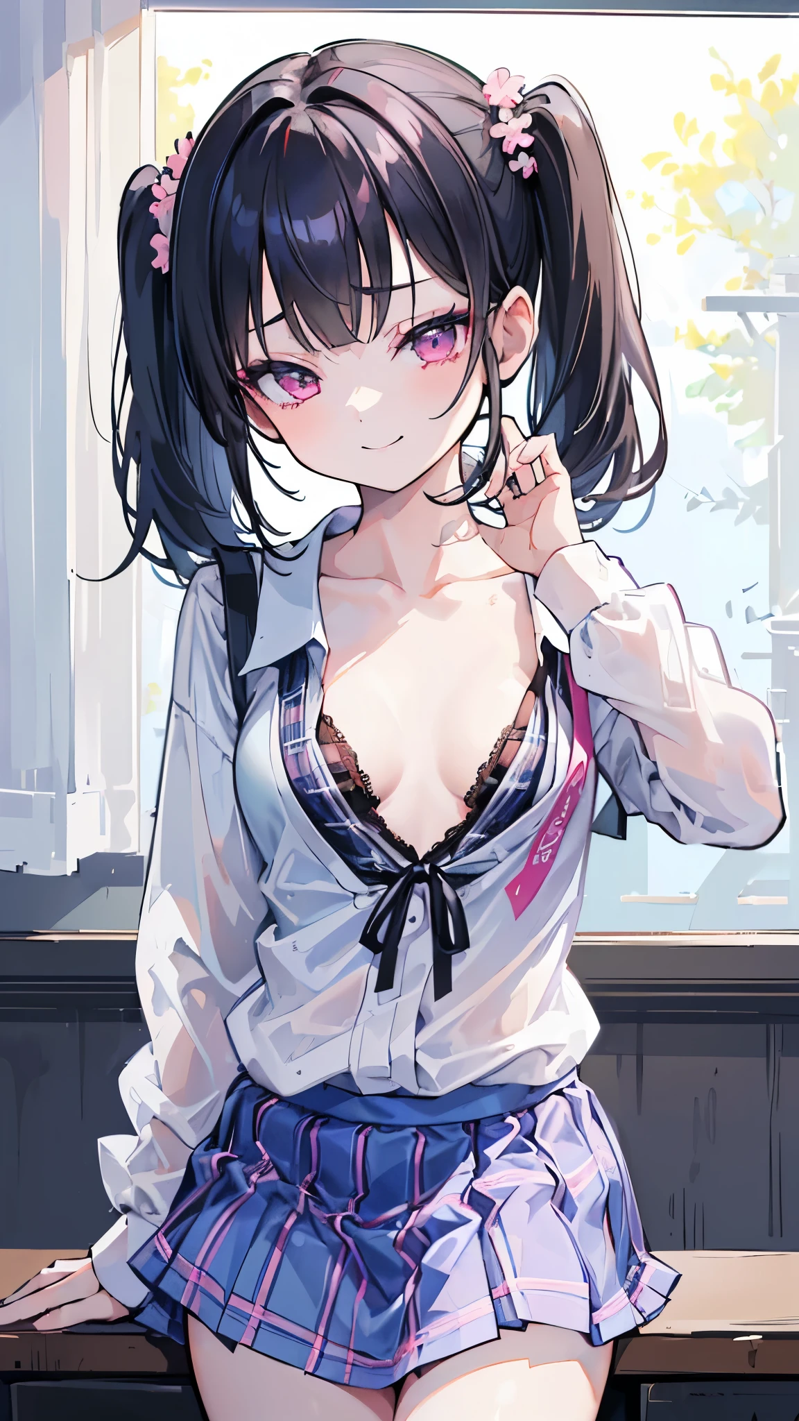 (8K, best quality, master piece: 1.2), super high resolution, very cute girl, (((shirt lift))),(((heart-symbol print bra))),Hカップです, blunt bang, detailed fingers , super detailed face, detailed eyes,long eyelashes,glaring,crying, BREAK, school uniform, sailor suit, ((black hair, pink streaked hair)), straight hair, (plain pleated skirt), cinema writing, captivating viewers, standing,classroom