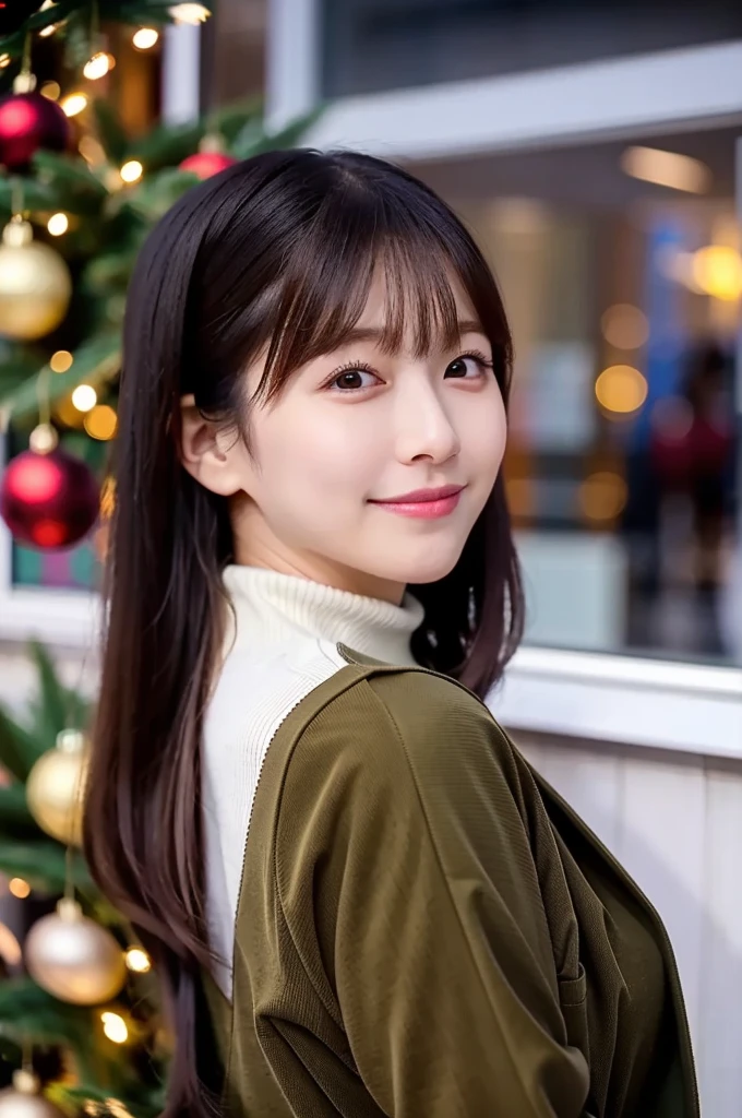 (masterpiece, best quality, perfect anatomy, highres, 8k, realistic, photorealistic, natural skin texture, no makeup:1.2),
a 20-year-old Japanese college student, very cute, black medium hair, very large breasts, standing alone in a bustling urban area of Tokyo during the Christmas season,
the time is 3 PM, the city is slightly darkening, the air is cold, the streets are filled with glowing Christmas lights, a large Christmas tree, and many people,
shop windows are decorated for Christmas, featuring a cute snow globe, she is captivated by the snow globe, standing still, leaning forward slightly while pointing at the snow globe,
looking at viewer, shy smile, she is wearing a tight white turtleneck knit  on her upper body, a brown corduroy mini skirt on her lower body, black pantyhose, brown long boots, brown beret, 
the scene is captured from a side view, a fullbody portrait, jp idol, erogao, tanukigao