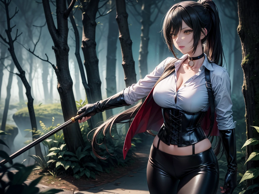 1girl, full body, solo, village, trees, colorful hair, curly hair, ponytail, large breasts, button down shirt, ninja, ((black shirt)), ((unbuttoned shirt)), ((short sleeved shirt)), blue eyes, black shorts, katana, grin, looking at the viewer, ((standing)), hair ribbon, bandage
