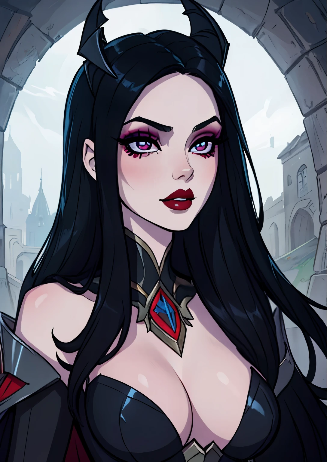 masterpiece, best quality, 1female, beautiful, portrait, deep makeup, 1girl, face focus, long hair, lipstick, goth, makeup, pale skin, detailed, irelia