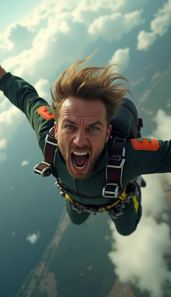 A skydiver plummets through the sky at breakneck speed, eyes wide with panic as his parachutes refuse to open. The wind roars deafeningly around him, tearing at his jumpsuit. Below, the earth rushes closer, a terrifying blur of green and brown. His hands frantically clutch and tug at the cords, sweat mixing with tears as desperation takes hold. Clouds streak by in a flash, and his scream is lost to the howling wind.