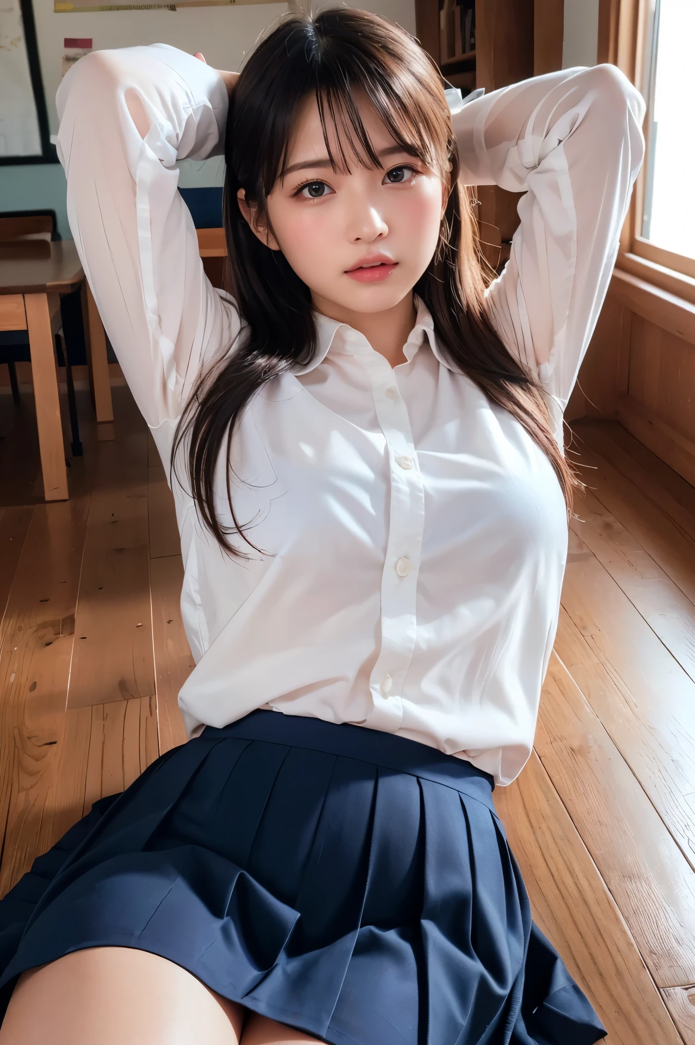 ((highest quality, masterpiece :1.3)), Photorealistic、Ultra-high resolution、Natural skin texture、Hyperrealism、Photograph from the knee up、 Japanese beautiful girl、Twin tail hair、well-shaped breasts、White collared shirt and tie、mini skirt、Frightened expression