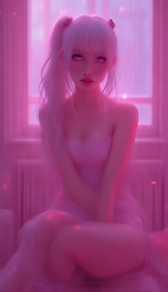 photorealistic,Realistic illustration in Modelshoot style,((masterpiece)),((The best quality)),((Ultra Quality)),((ultra detailed)),((1girl long white hair)),((Only)),((waifu:1.5)),Perfect anatomy,perfect hands,beautiful cuerpo,beautiful_method,ulzzang-6500-v1,e-chica,((Exceptionally Beauty Waifu Princess Tifa Lockhart))Actual photo、Highest im年 quality、Beautiful woman、Beautiful thighs、Beautiful Face、Uniform Ponytail、Yuriko Yoshitaka、Japanese women、pretty girl、skirt、Beautiful thighs、pumps、Sit on a chair、(front:1.6)、(Open your knees:1.4)、Panty shot、,((bright-pink_eyes)),long wavy hair, ((white hair)),hair clips,eyeliner,cute makeup,lipstick,Glossy lipstick,with a look of terror, worry and sadness,((eyes detallados perfectos)),rainy with fog outside,evening,pink theme,bioluminiscencia,light particles,((Extremely CG Unity 8K Wallpaper)),((cinematic lighting,Best quality lights)),intricate details,Suave,sharp focus,Extremely beautiful and aesthetic,Octane rendering,Full length portrait,damp skin,((Perfect detailed body)),