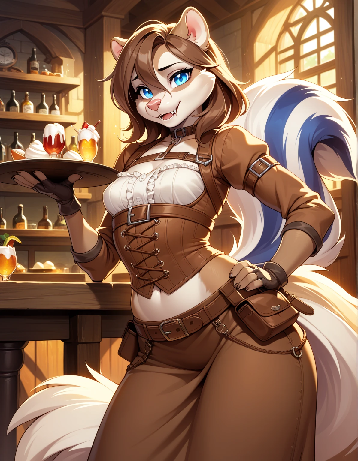 1girl, tail, furry, animal_ears,glowing blue_eyes, brown_hair, belt, looking_at_viewer, furry_female, gloves, skunk_tail, sad smile, skunk_ears, fingerless_gloves, hair_between_eyes,long skirt, hand_on_hip, snout, pouch, brown_gloves, cream white corset, skunk_girl, fangs, medium_hair, long_sleeves, brown_belt, artist_name, tavern outfit, very small breasts