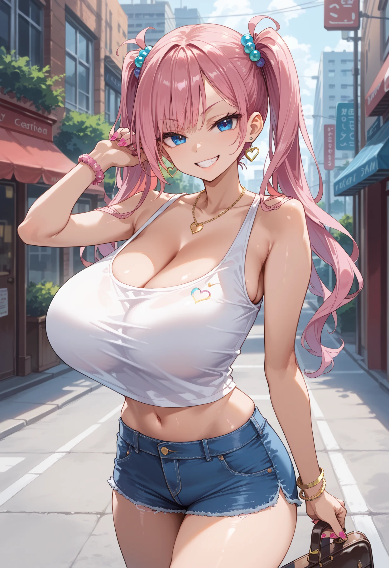 Score_9, score_8_up, 4k, 8k, detailed face, source_anime, artstation, grandeur, intricate-details, depth-of-view, flatshading, BREAK
1girl, gyaru, pink hair, long hair, blue eyes, pigtails, tank top, shorts, huge breasts, smooth skin, rating_questionable, street, smug, detailxl, ((skindentation)),