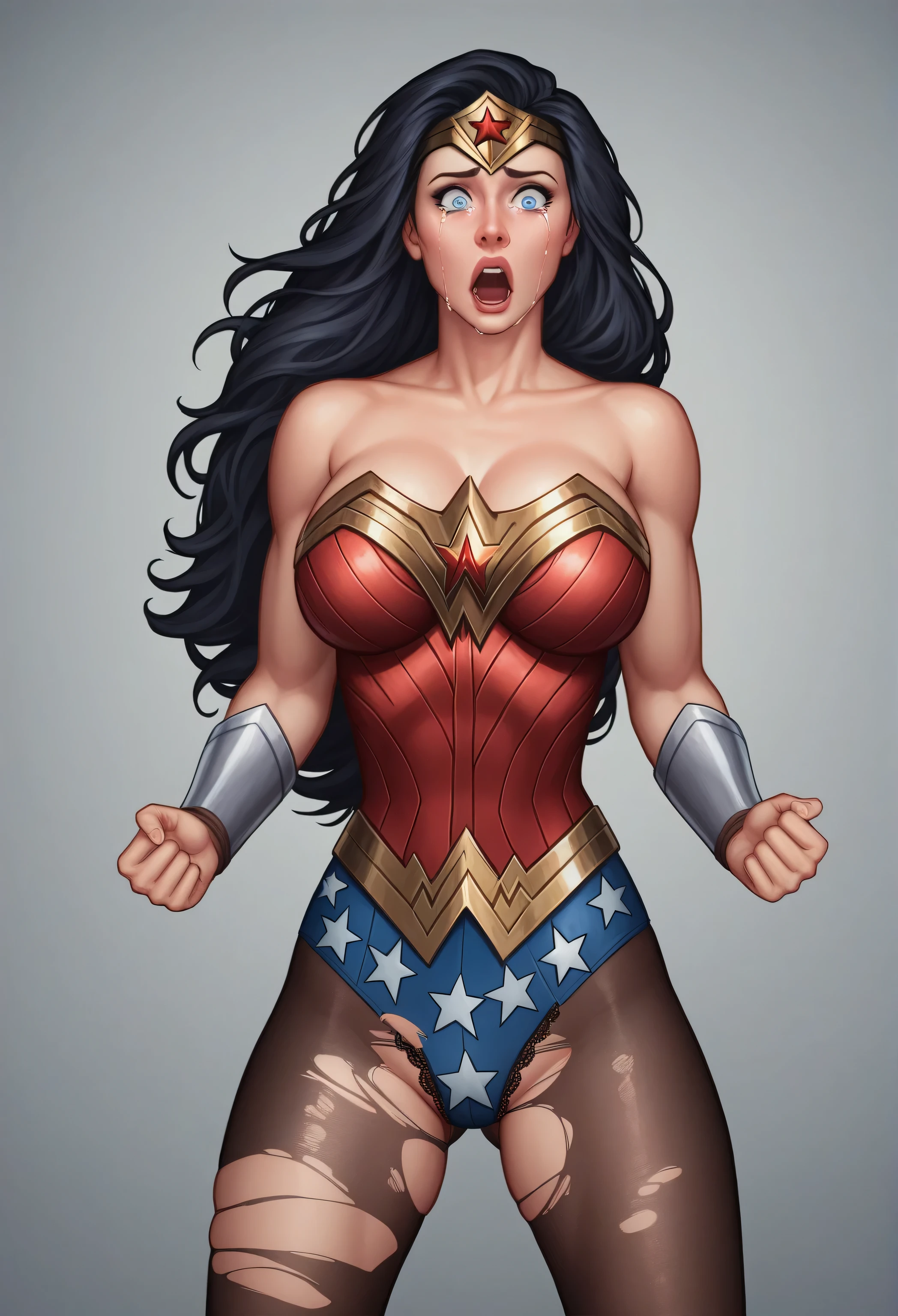 ((Full body photo, standing, on the ground)) a 20 year old American woman wearing wonder woman outfit, athlete's body, beautiful body, standing, beautiful Arab princess wearing gladiator outfit, Red bondage outfit, Tied up&Gagged, Ball gag, Intricate details, Dim lighting like a movie, Great quality, Great shade, Detail view, Masterpieces of wallpaper, Highest quality, Perfect hands、background, Tied up with lots of natural ropes, Tied up太もも, Tied up胸, Feet together, Knees together, Elbows together,The feet are attached to the shoulders, Shooting from an angle. She looks at you, Her gaze was angry
